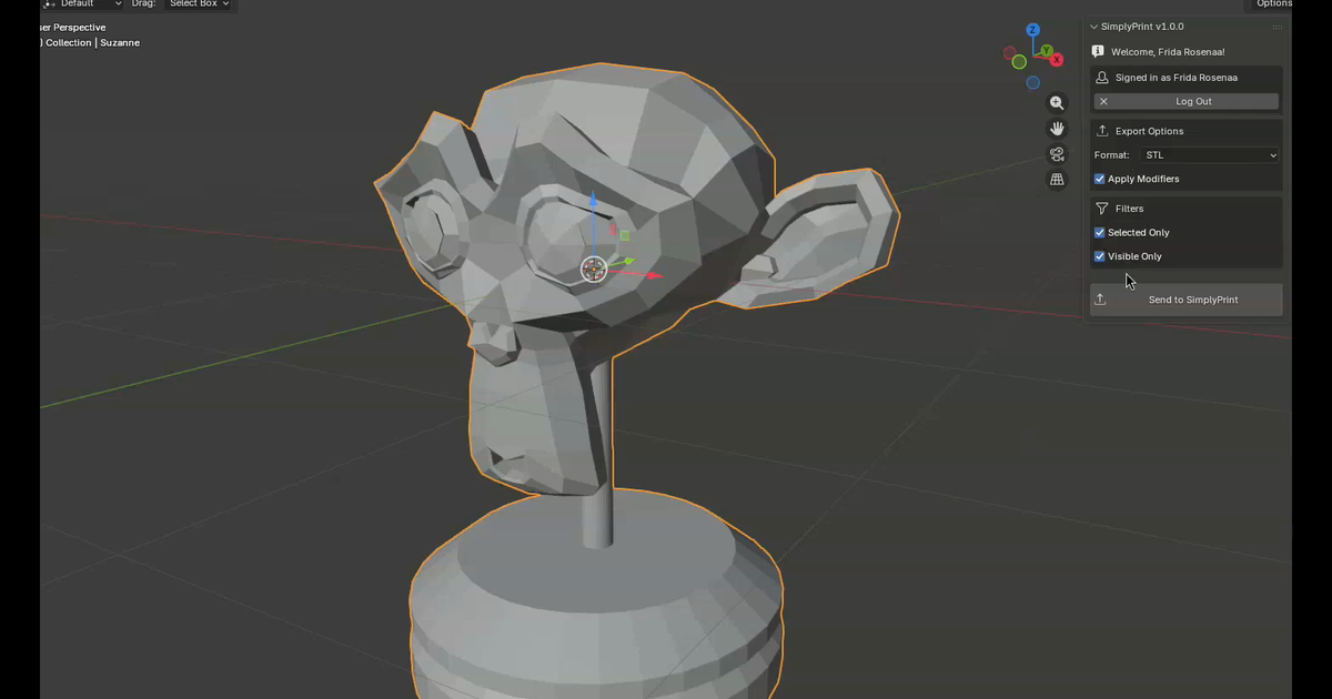 A 3D model open in Blender with the SimplyPrint side panel visible on the right, including the format dropdown and a Send to SimplyPrint button