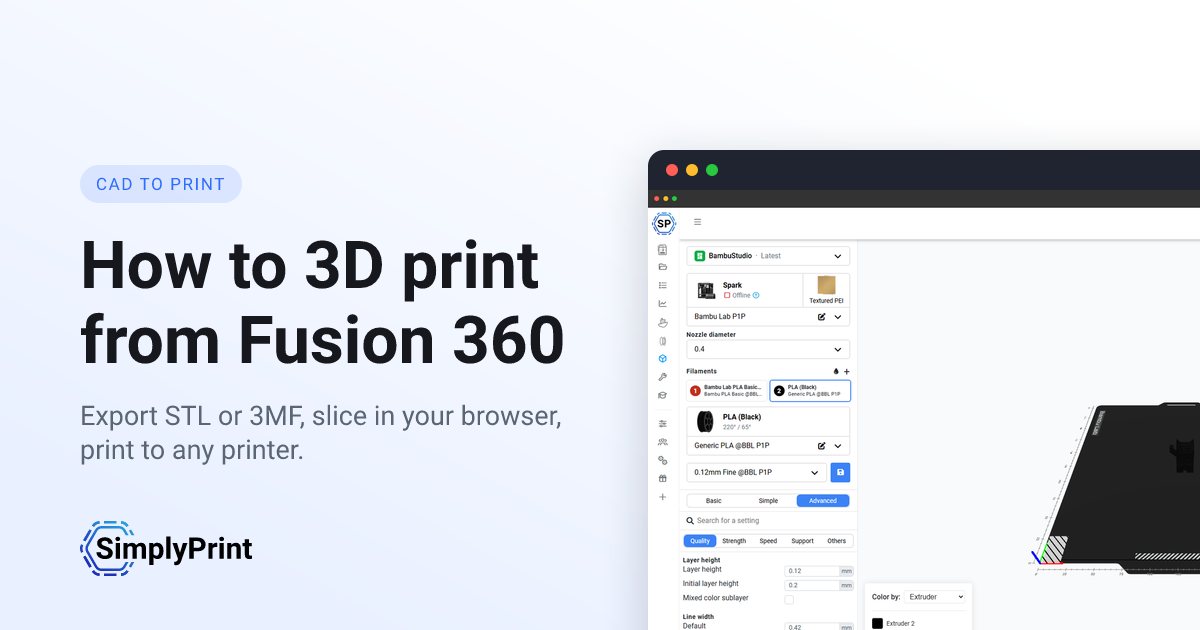 A CAD model open in Autodesk Fusion 360 with the SimplyPrint add-in dialog and a Send button, alongside the SimplyPrint cloud slicer loaded in a browser
