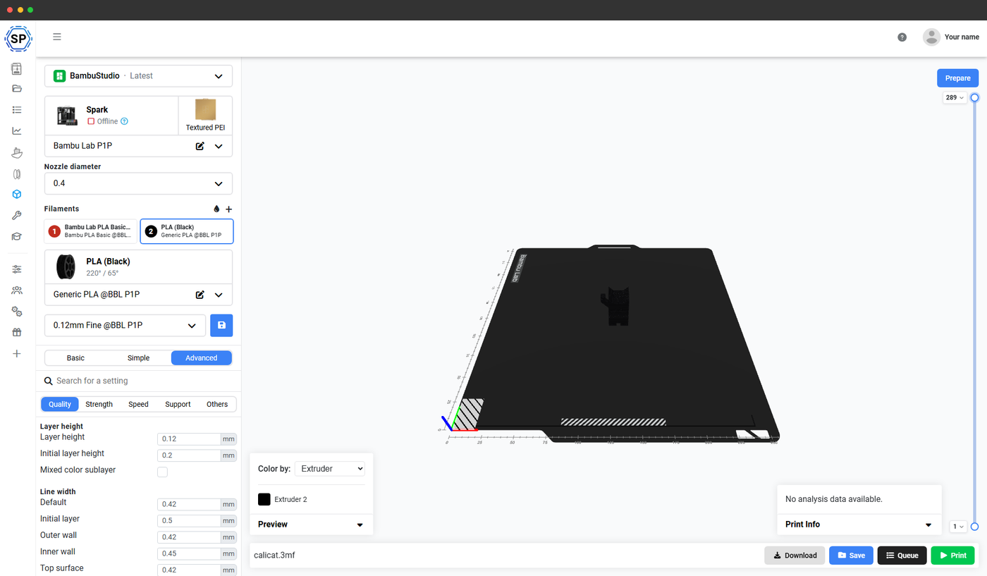 A browser-based 3D slicer card showing the SimplyPrint cloud slicer running the OrcaSlicer, PrusaSlicer and Bambu Studio engines in a browser tab