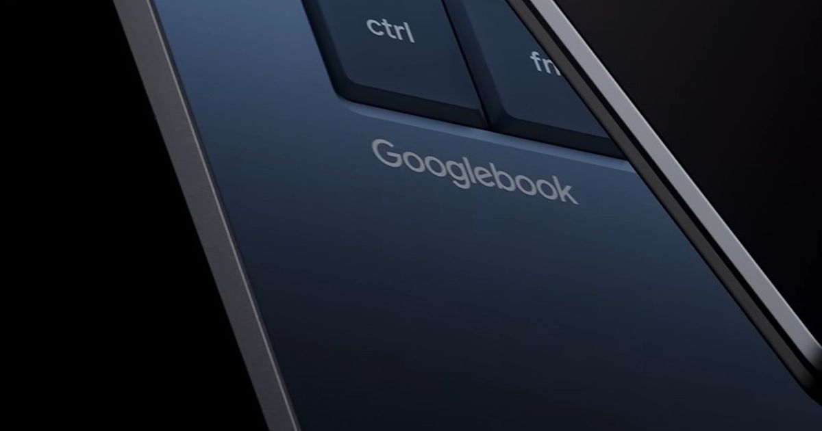 Close-up of a Googlebook laptop deck showing the Googlebook brand engraving next to the ctrl and fn keys, from Google's May 2026 announcement imagery