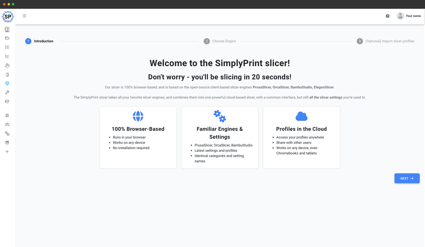 The SimplyPrint cloud slicer welcome screen explaining it is 100 percent browser-based and runs the familiar PrusaSlicer, OrcaSlicer, BambuStudio, and ElegooSlicer engines with profiles stored in the cloud