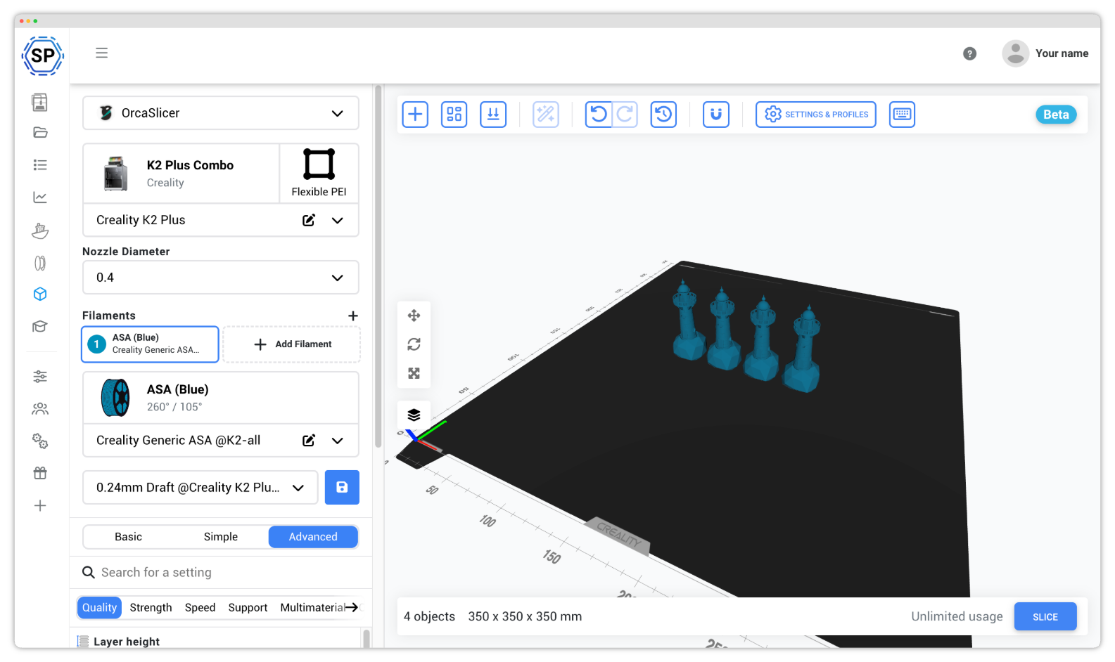 The OrcaSlicer engine running in the SimplyPrint browser slicer, with a Creality K2 Plus selected, ASA filament loaded, and four models on the build plate