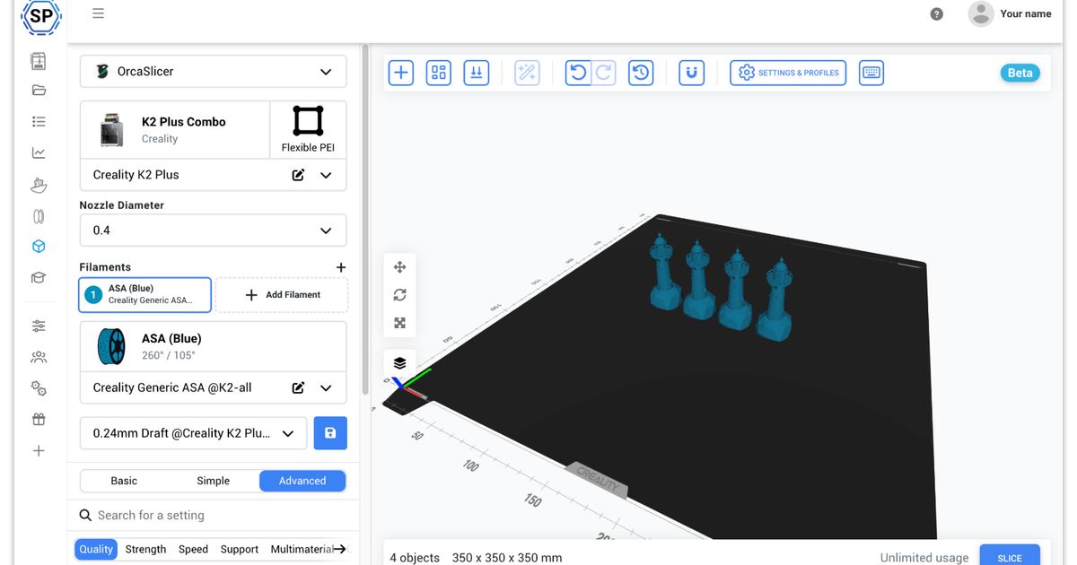 The SimplyPrint cloud slicer running OrcaSlicer in a browser tab, with a Creality K2 Plus profile loaded and four chess-piece models on the bed, ready to slice