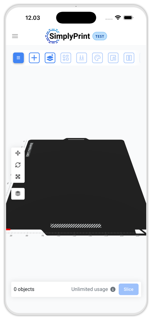 The SimplyPrint slicer running in the iOS app on an iPhone, showing a build plate in the 3D viewport with the toolbar and a Slice button, with no App Store slicer install required