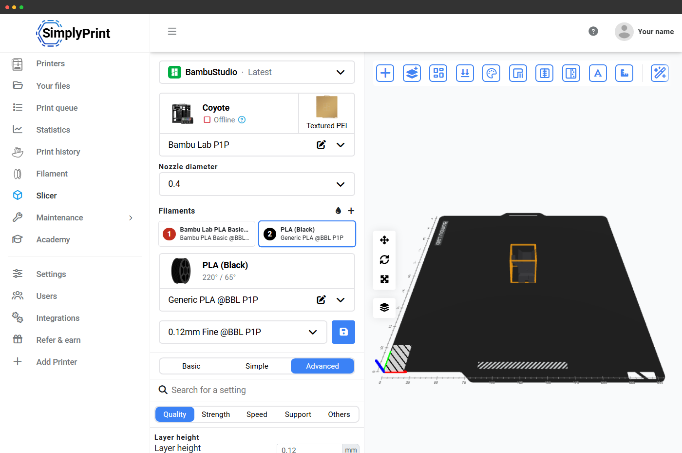 An Open Graph card reading "Slice a 3D model without installing software" with the SimplyPrint cloud slicer shown in a browser tab