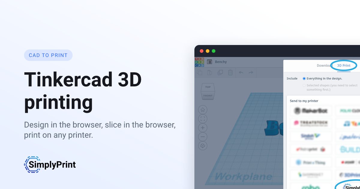 A Tinkercad design being exported to SimplyPrint, then sliced in the browser and printed on a 3D printer