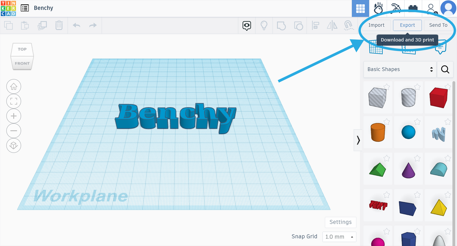The Export button highlighted in the Tinkercad toolbar