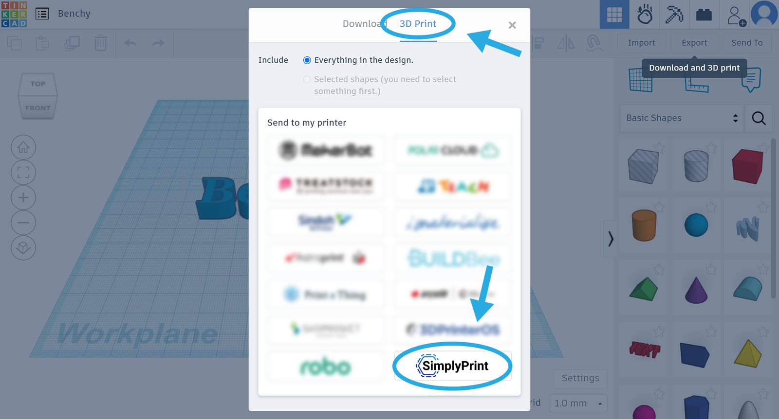 The Tinkercad export menu on a Chromebook with the SimplyPrint 3D print option selected