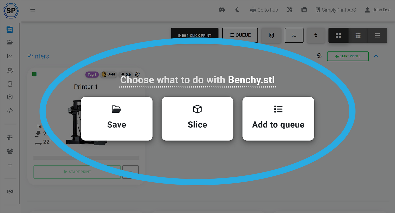 The SimplyPrint receive dialog with options to save, slice, or queue the imported design