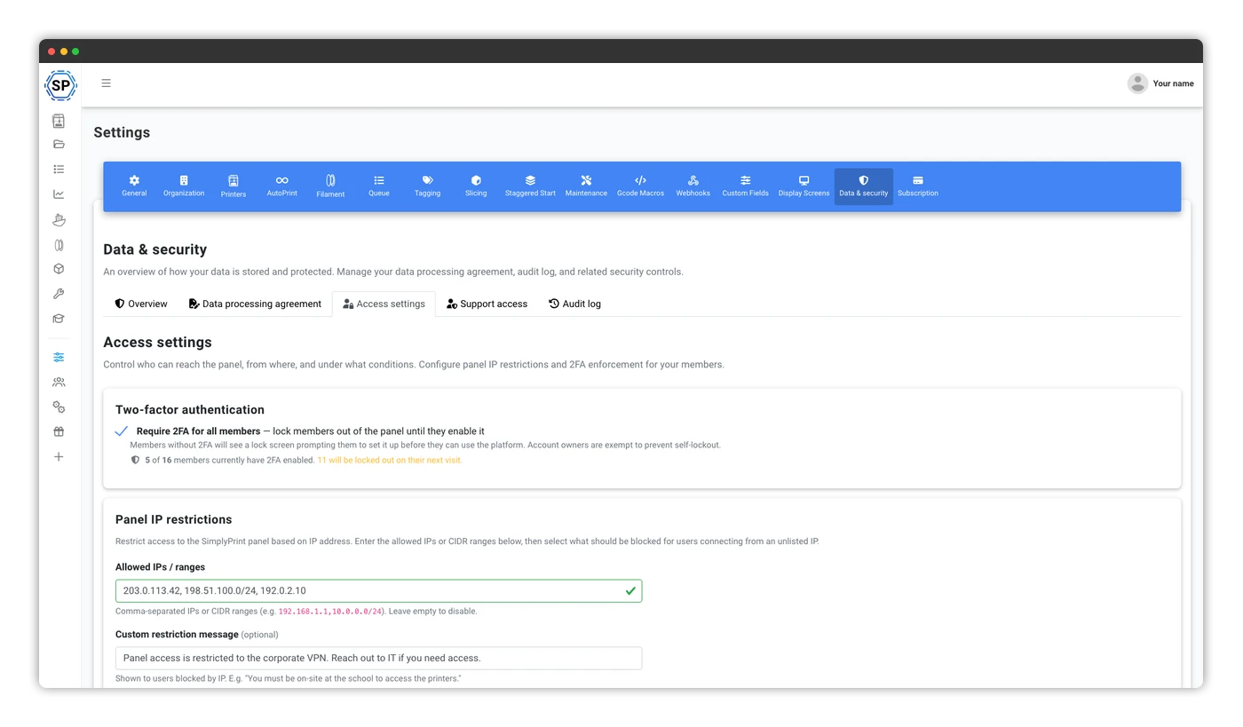 SimplyPrint access settings with organisation-wide 2FA enforcement and an IP allow-list with CIDR ranges