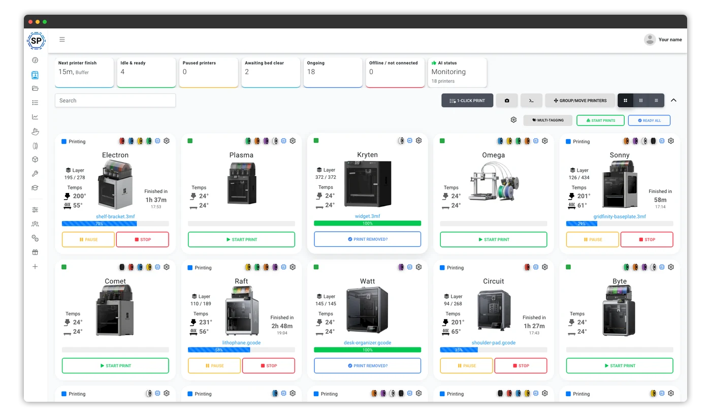 A mixed fleet of 3D printers grouped by building and section in the SimplyPrint dashboard