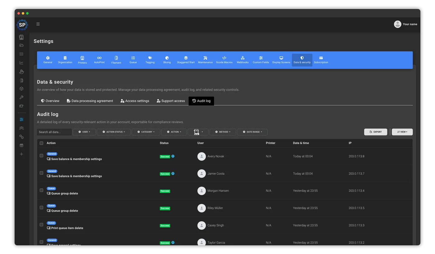 SimplyPrint audit log recording every security-relevant action with user, timestamp and IP, with an export button