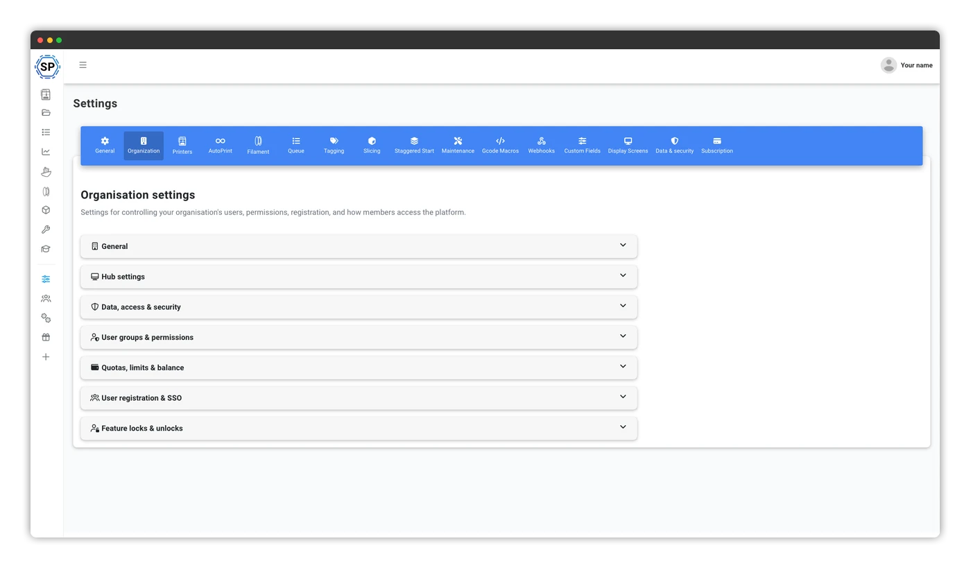 SimplyPrint organisation settings: user groups and permissions, access and security, quotas, registration and SSO