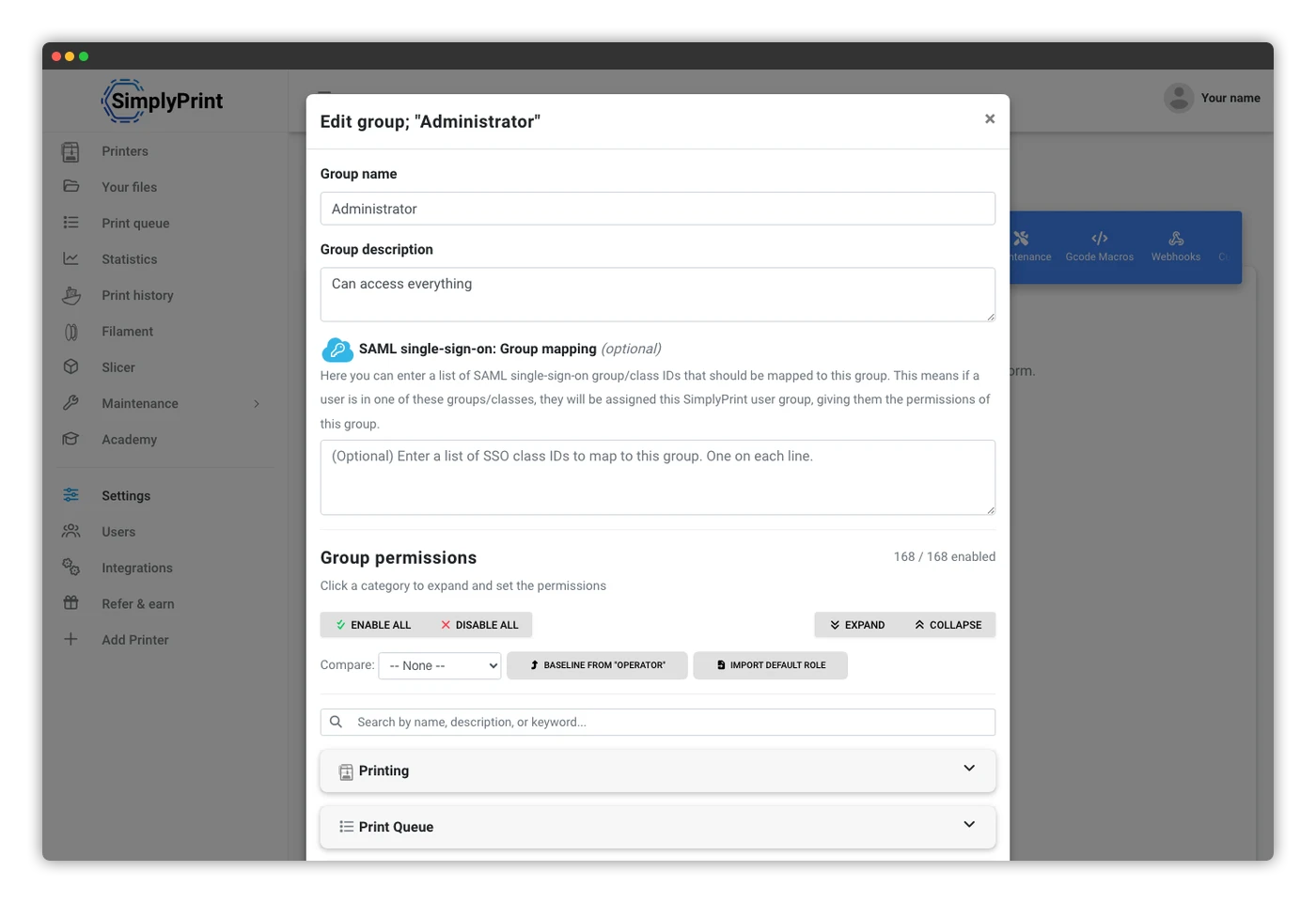 Editing a user group in SimplyPrint: SAML group mapping and the full permissions matrix