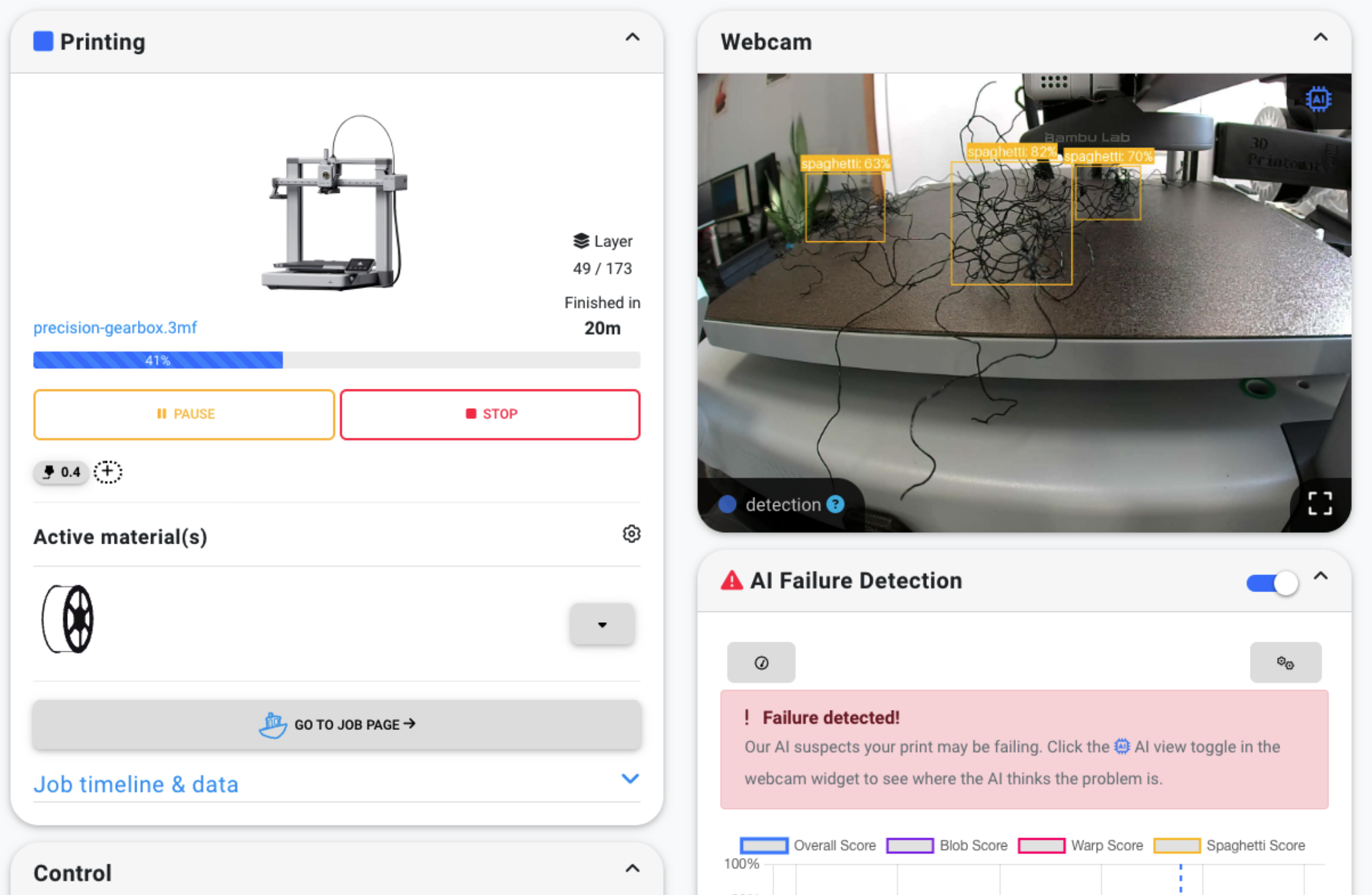 A SimplyPrint printer panel showing a live webcam feed with AI failure detection overlaying a flagged area on the print
