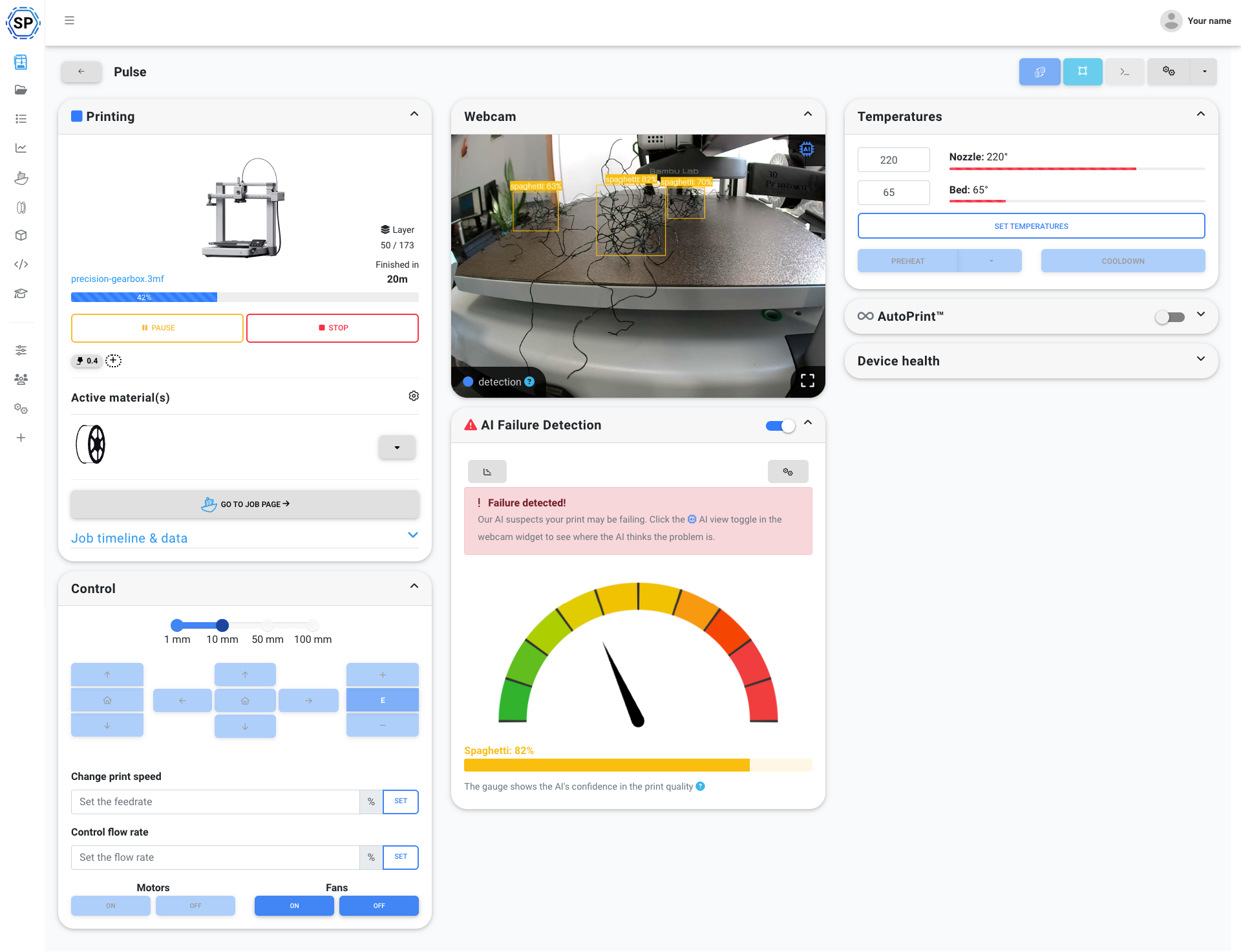 The SimplyPrint printer panel showing the live webcam feed, a confidence gauge that has tipped into the red, and a flagged spaghetti failure highlighted on the print