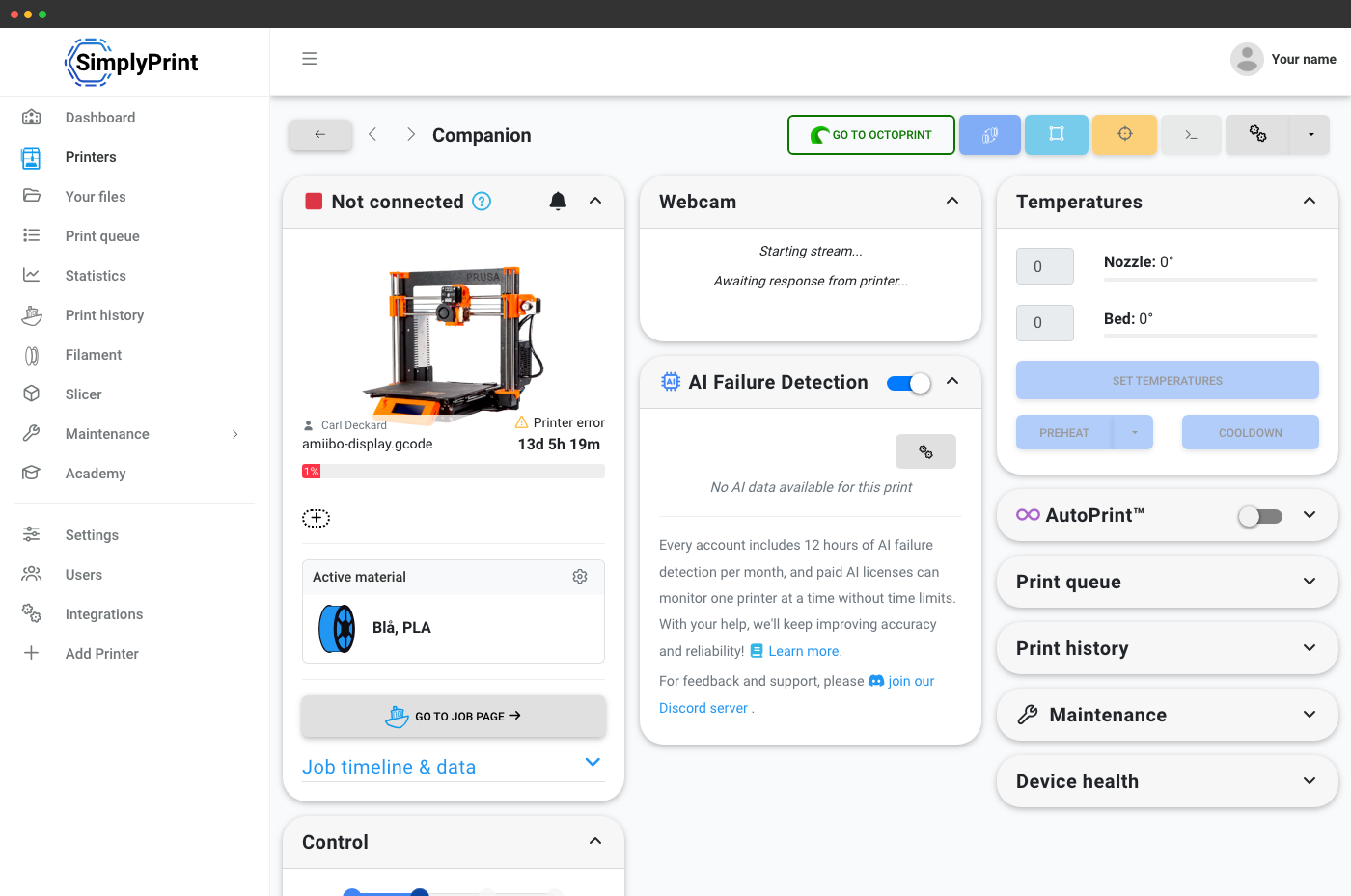 Remote 3D printer control panel - SimplyPrint