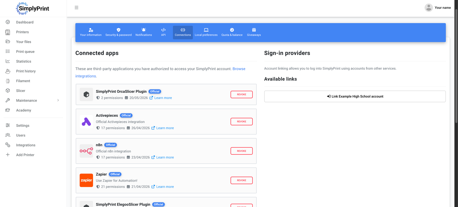 SimplyPrint Connected apps settings listing Zapier, n8n and Activepieces with per-app scopes and a Revoke button on each