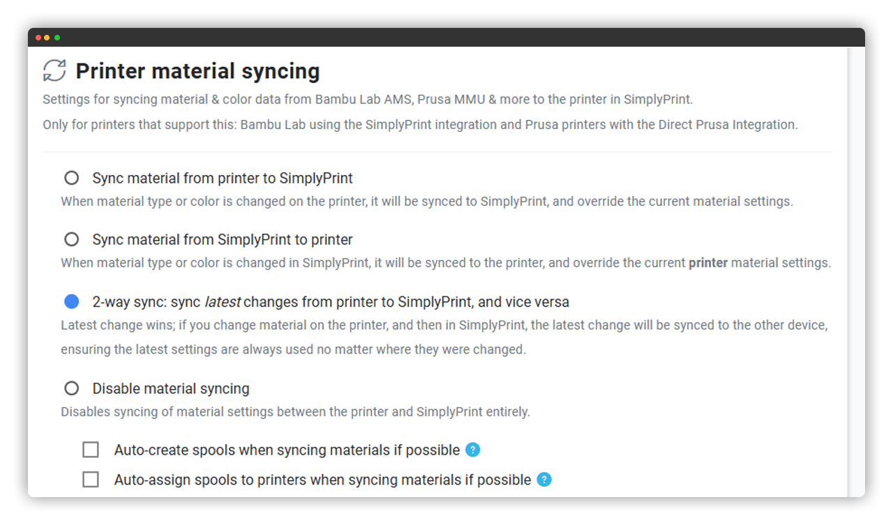 Two-way material sync between SimplyPrint and the Bambu AMS