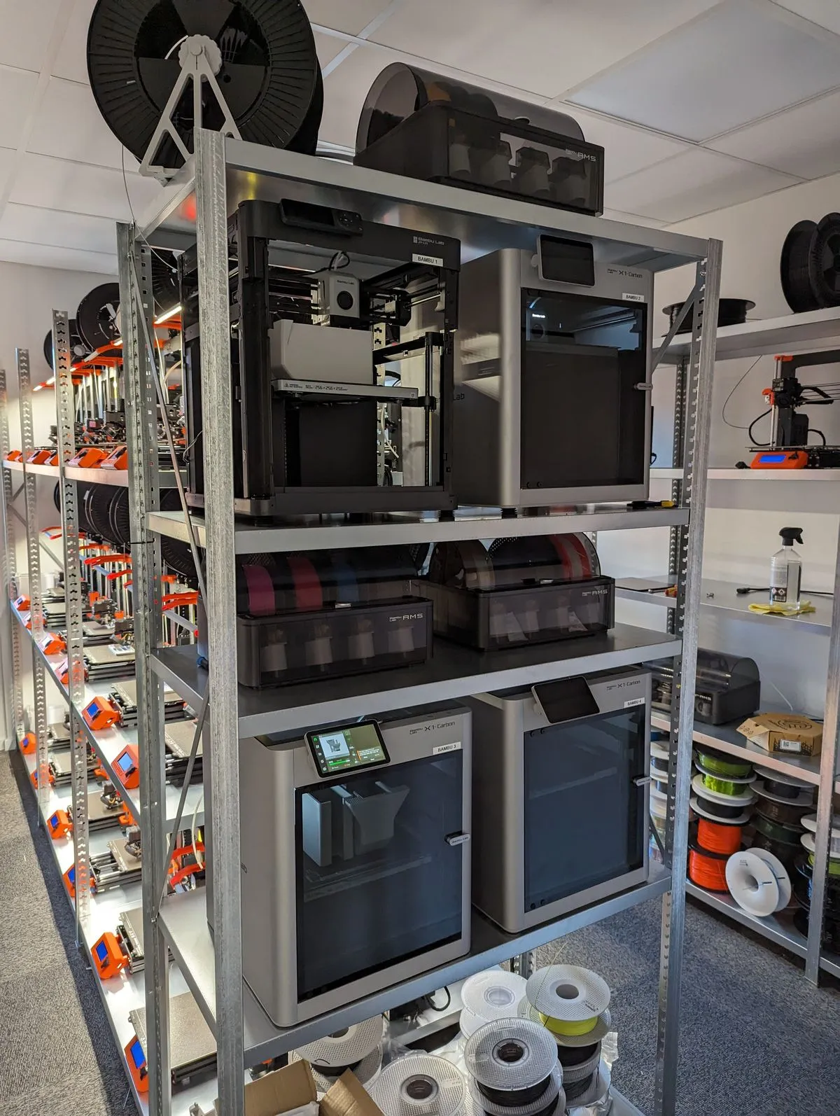 LAB3D's real print farm running Bambu Lab and Prusa printers side by side on SimplyPrint