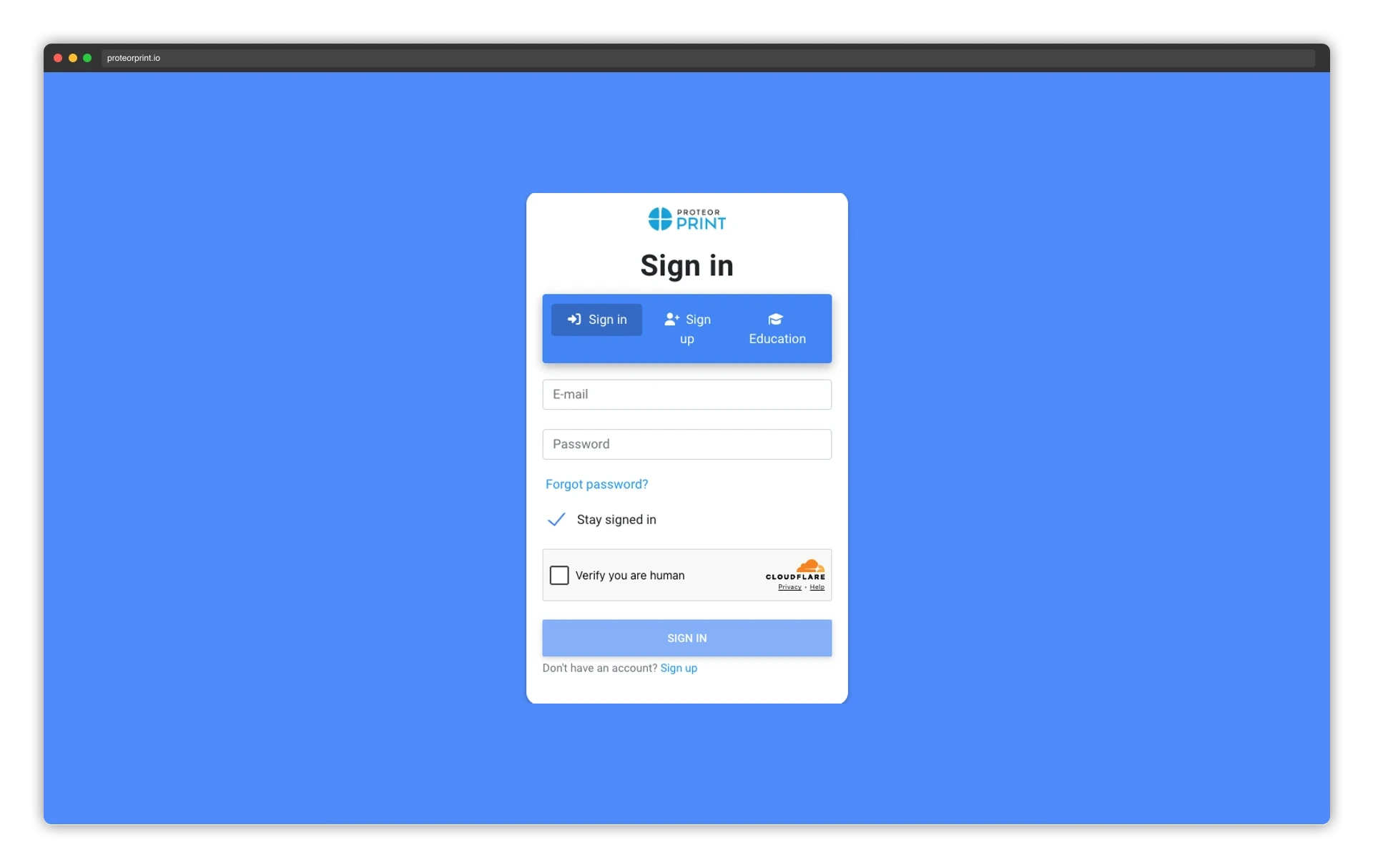 The PROTEOR Print sign-in page at proteorprint.io - PROTEOR's fully branded SimplyPrint white-label