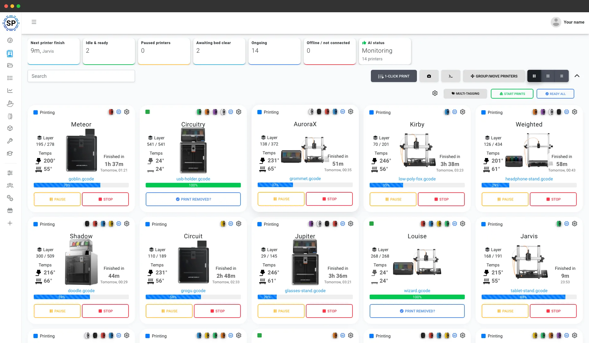 A whole fleet of Anycubic Kobra printers managed from one screen in SimplyPrint, with live status and progress for every machine