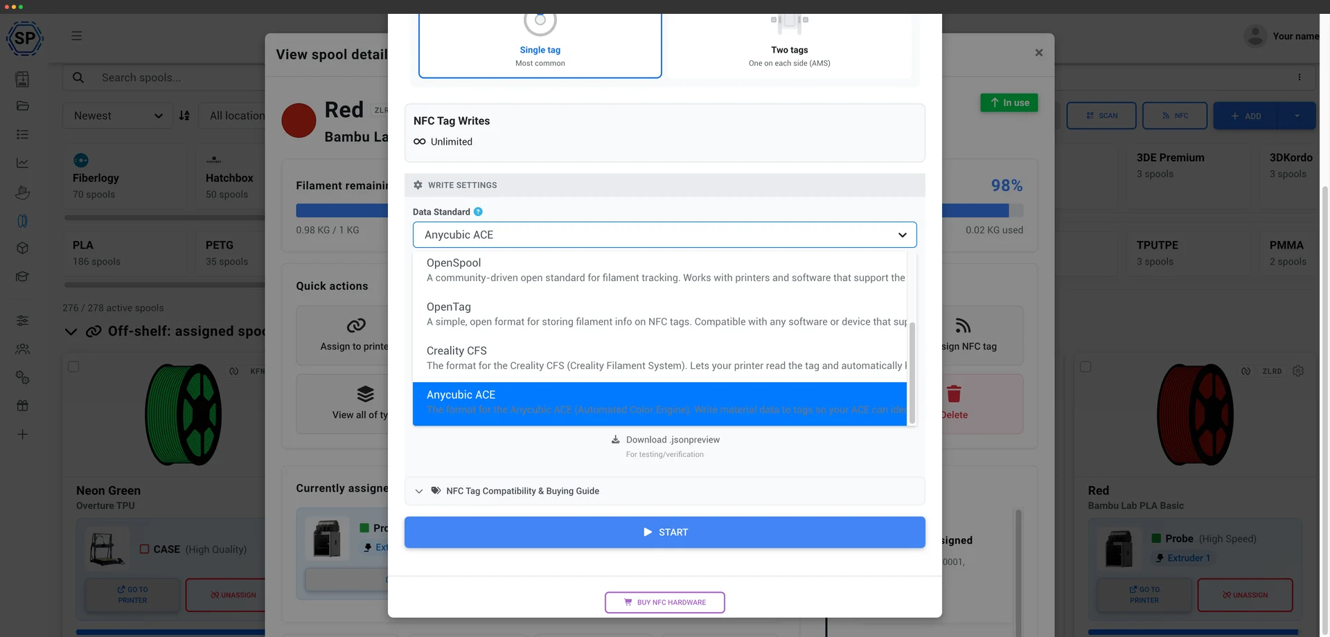 Writing an Anycubic ACE NFC tag from the SimplyPrint filament inventory