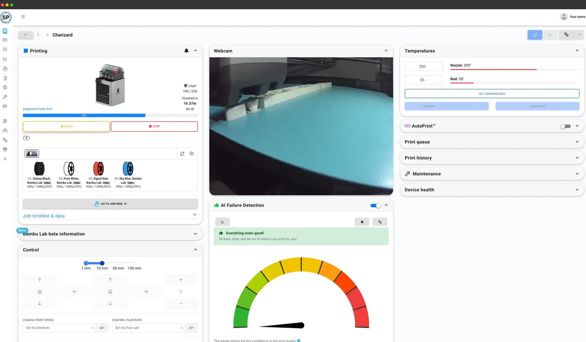 A Bambu Lab printer in SimplyPrint with live webcam, AMS slots showing loaded colours, temperatures and controls
