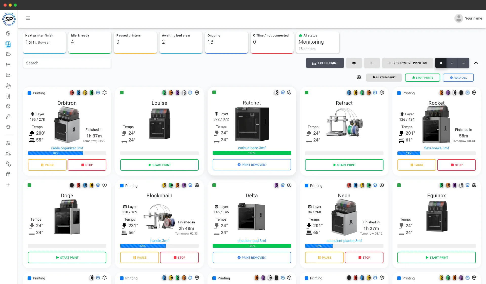 A wall of Bambu Lab printers managed from one screen in SimplyPrint - live status, print progress and AMS colours for every machine