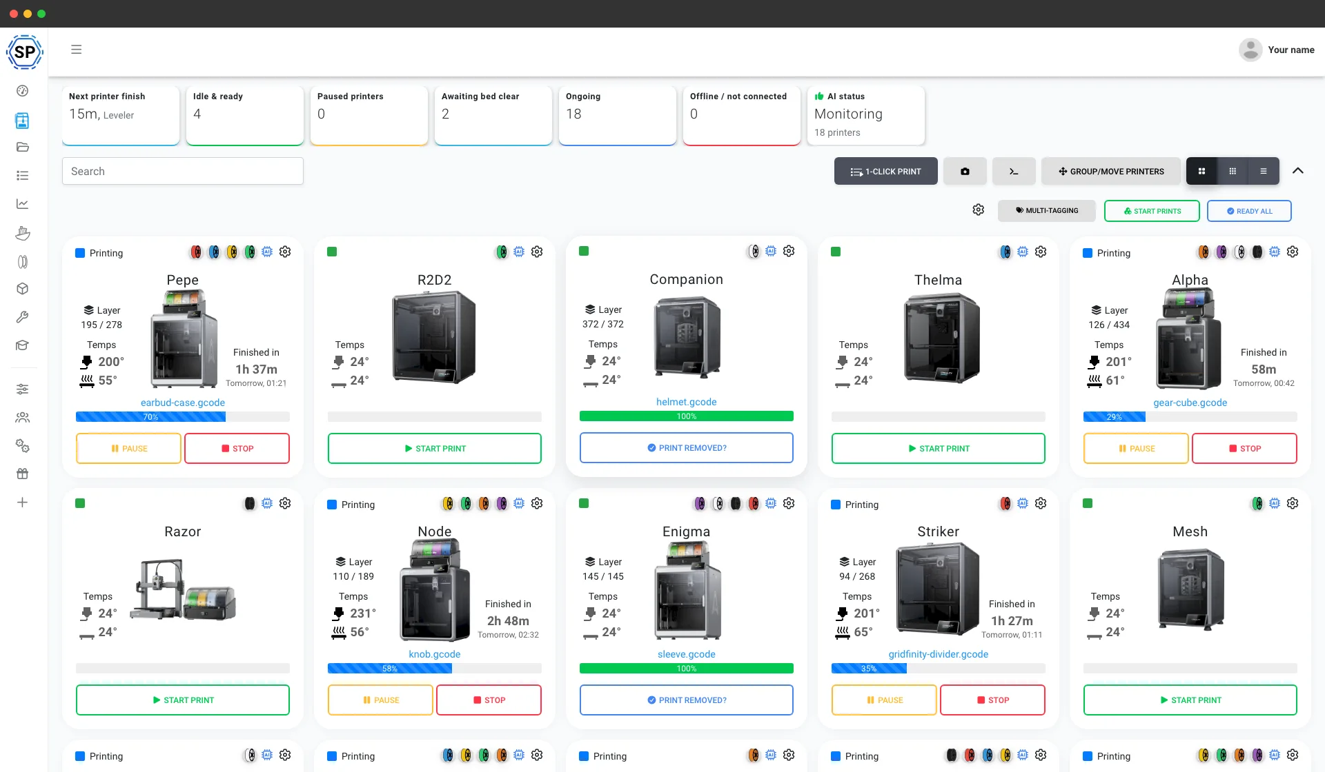 A whole fleet of Creality printers - Ender and K-series - managed from one screen in SimplyPrint, with live status and progress for every machine