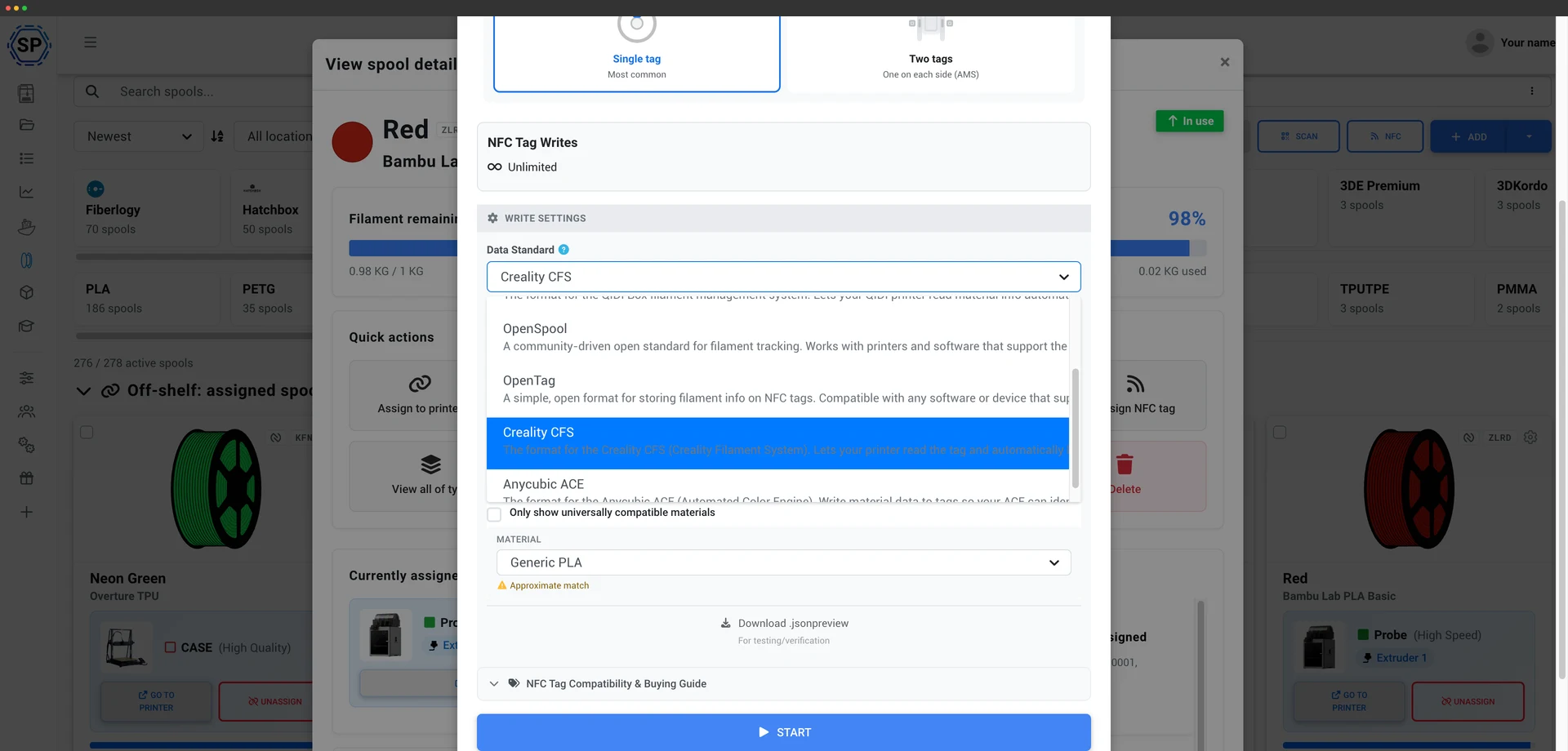 Writing a Creality CFS NFC tag from the SimplyPrint filament inventory