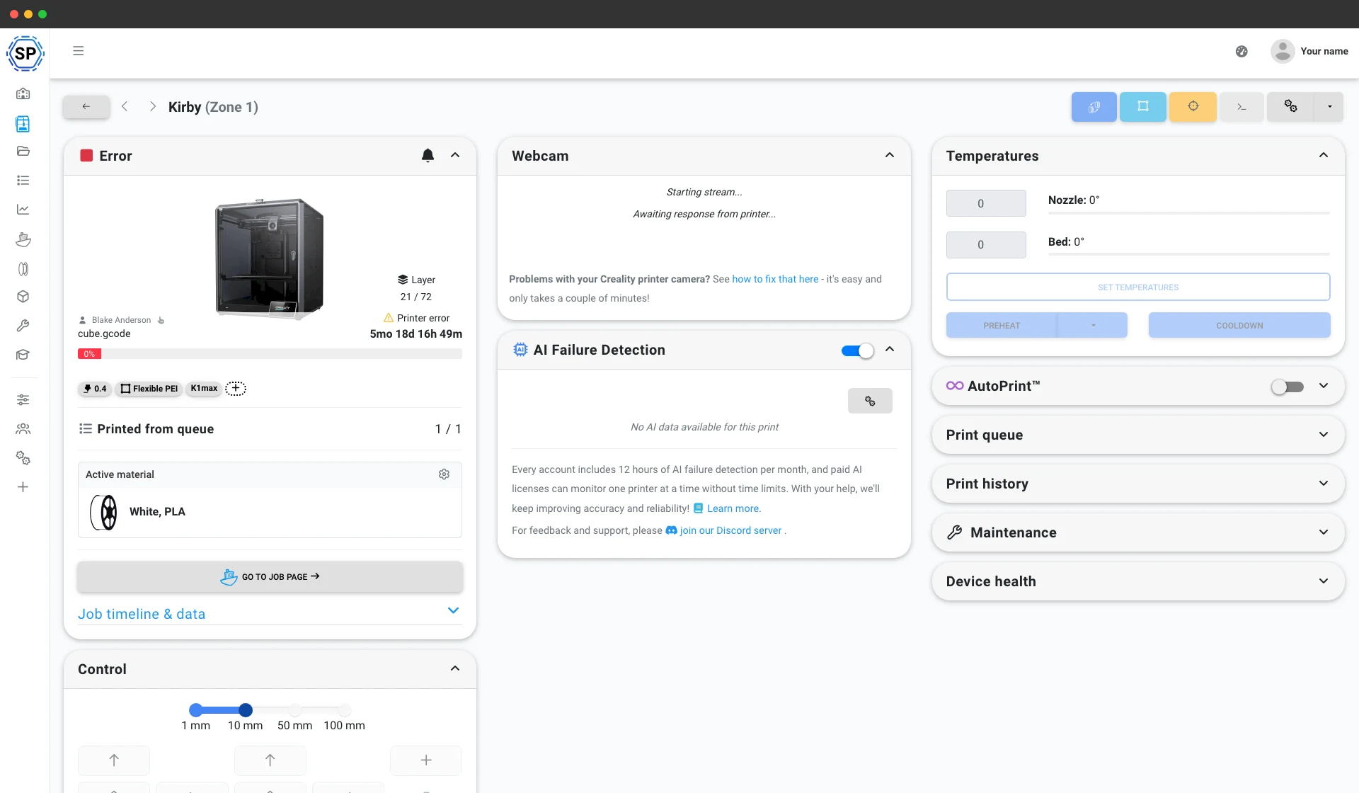 Full control of a Creality K1 Max in SimplyPrint from any browser
