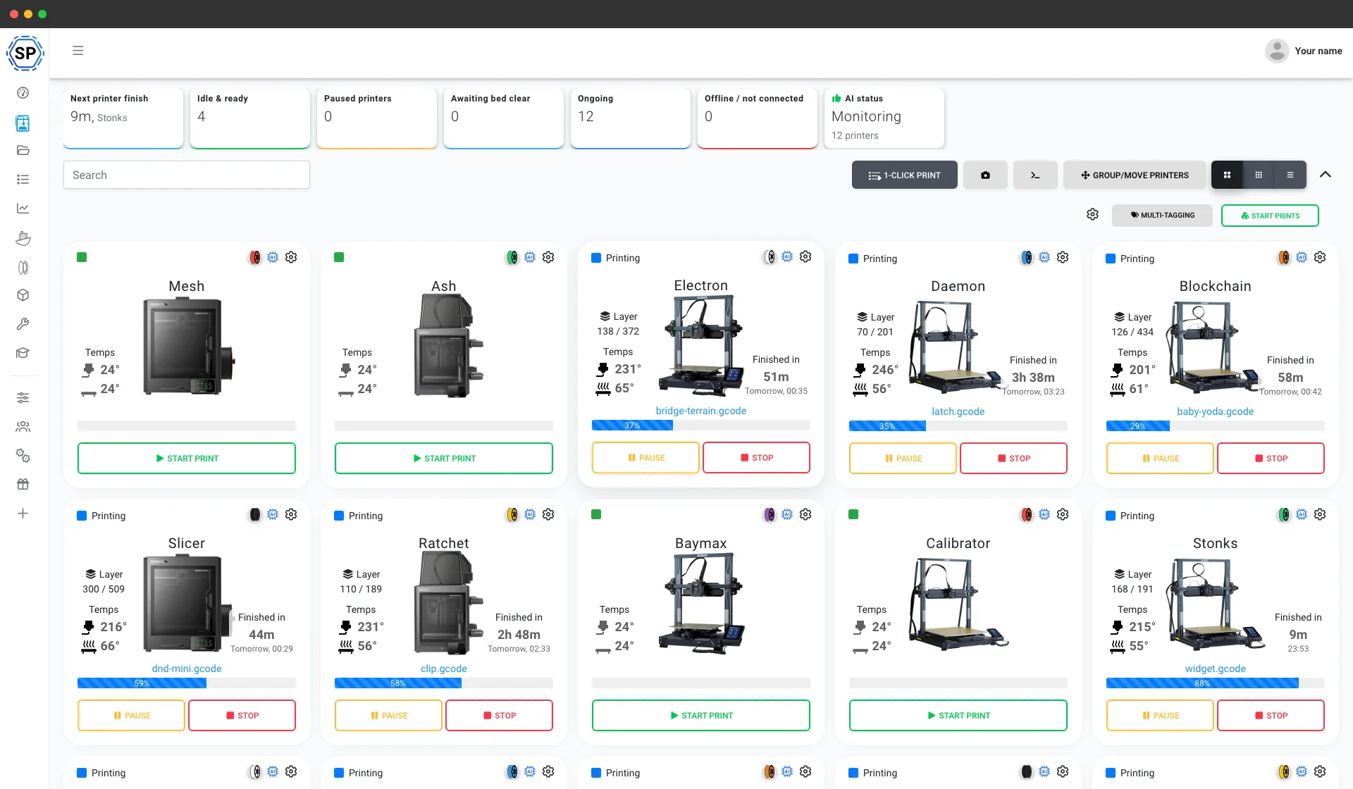A whole fleet of ELEGOO printers - Neptune and Centauri - managed from one screen in SimplyPrint, with live status and progress for every machine