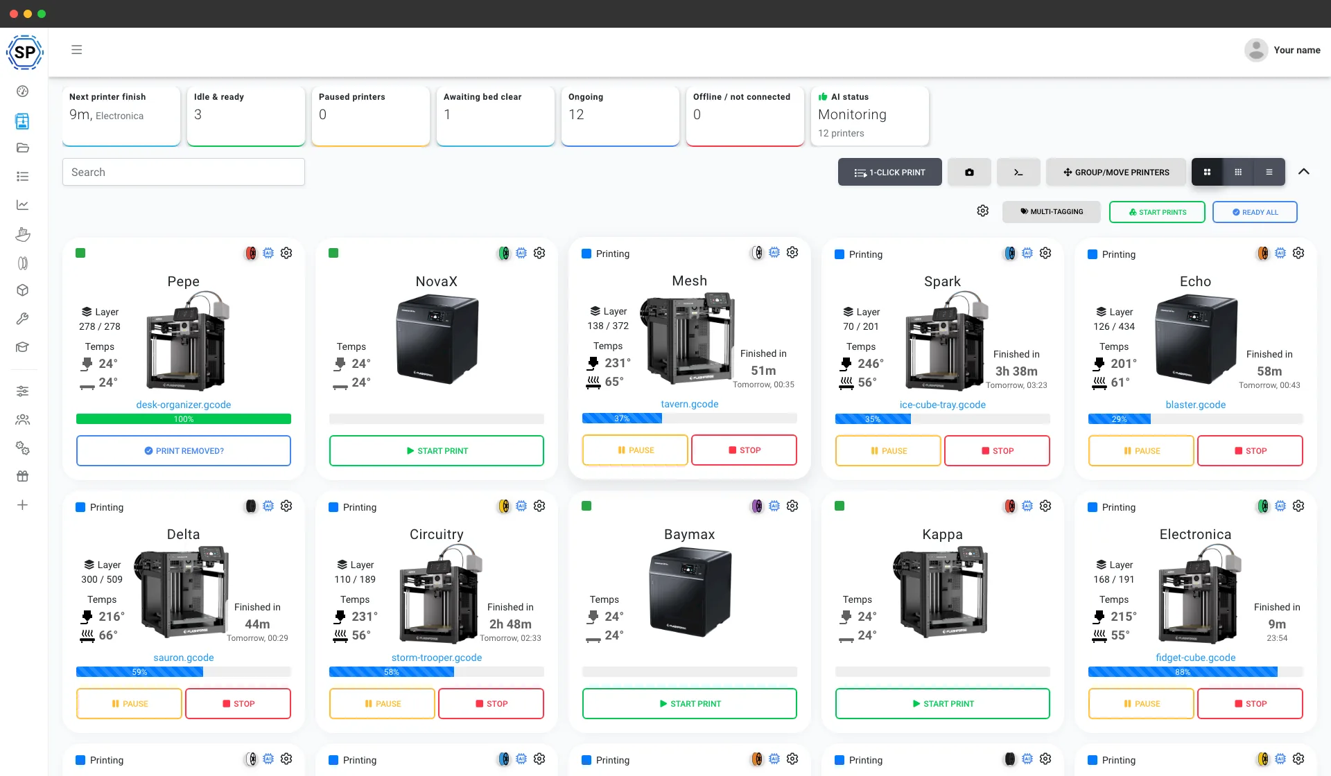 A fleet of enclosed FlashForge printers (AD5X, Adventurer 5M) managed from one screen in SimplyPrint - live status, progress and temperatures across the whole farm
