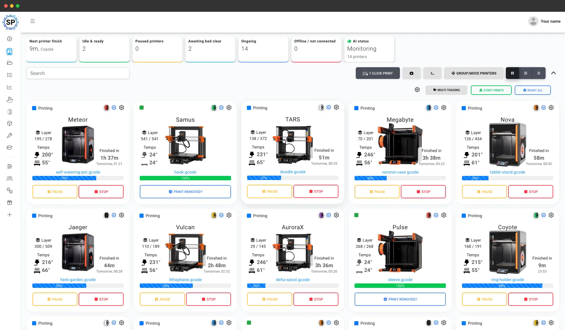 A fleet of Original Prusa CORE One and MK4 printers managed from one screen in SimplyPrint - live status, progress and temperatures across the whole farm