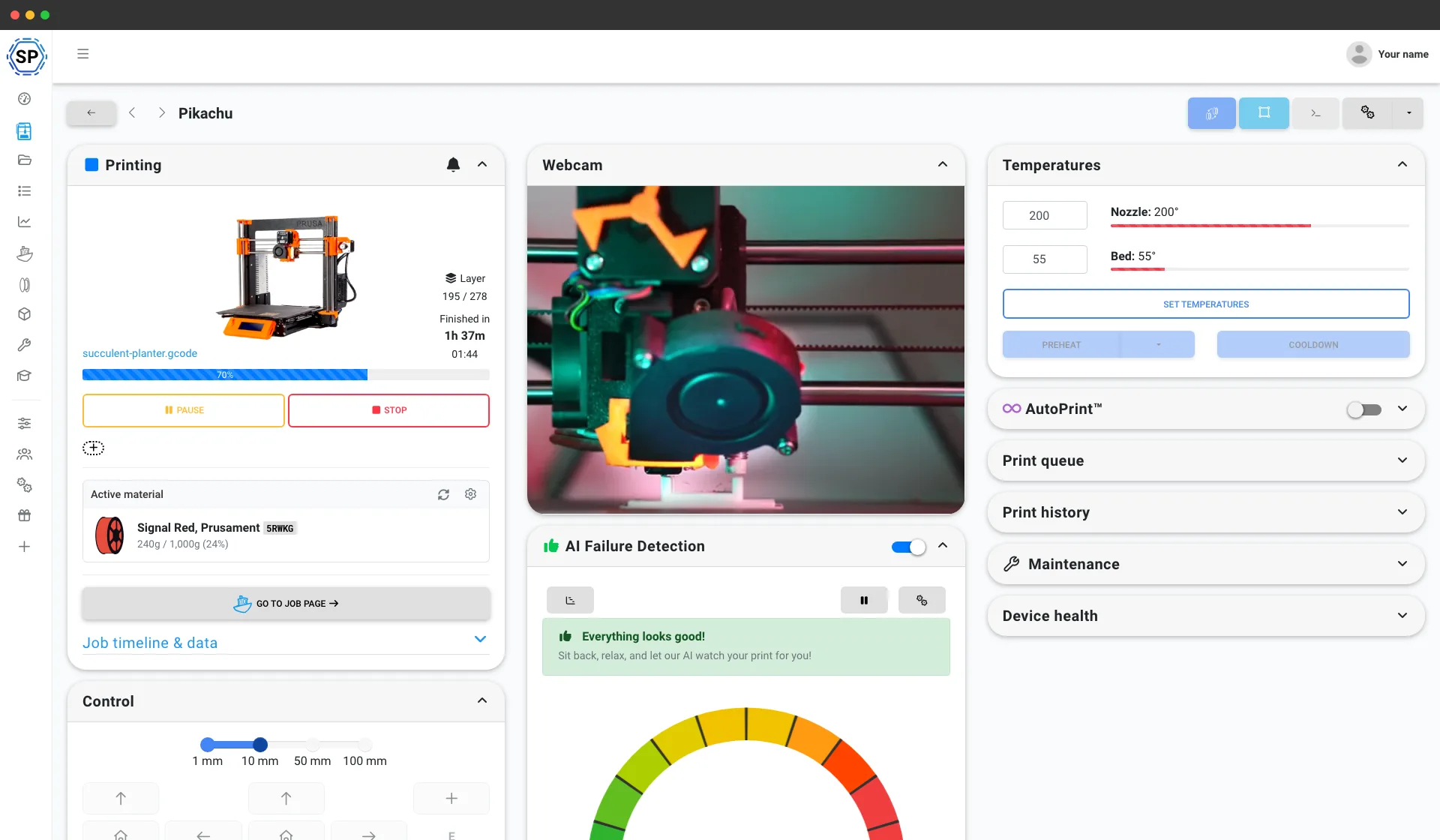 An Original Prusa MK4 managed in SimplyPrint - live temperatures, controls, AI failure detection and print queue on one screen