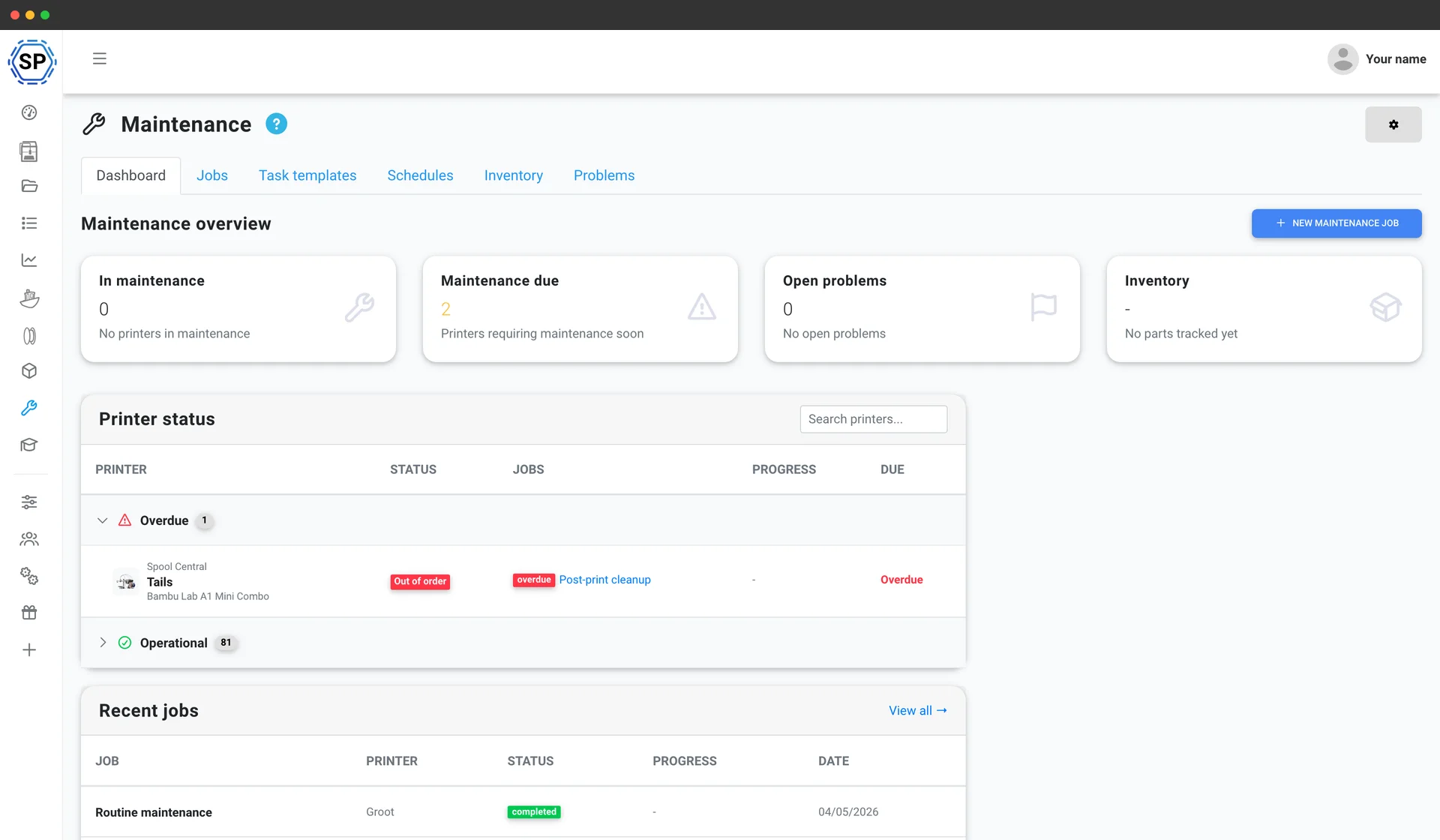 Usage-based printer maintenance dashboard in SimplyPrint - health, service schedules and history across a fleet