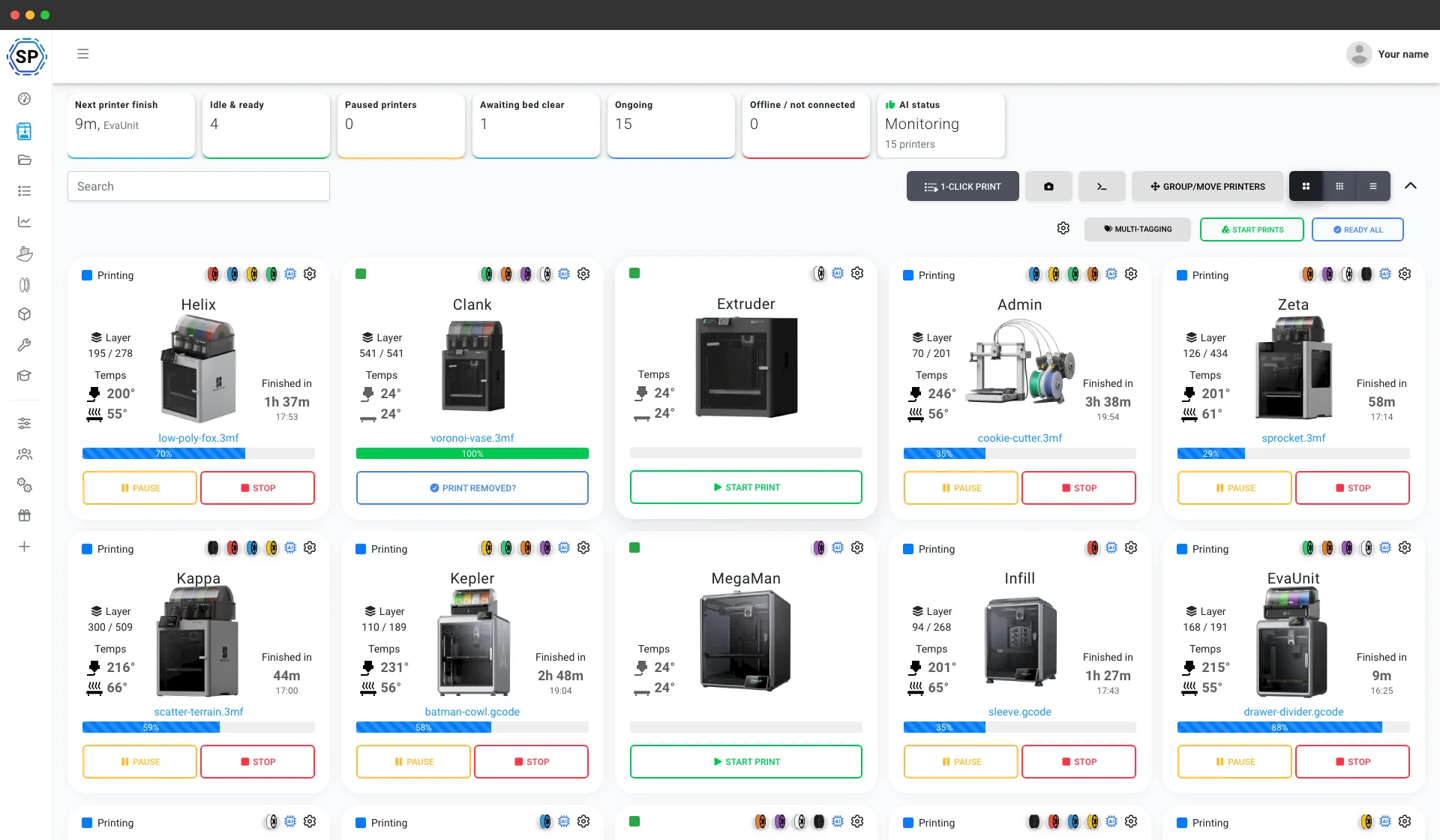 Dozens of 3D printers managed from one SimplyPrint screen - live status, progress and temperatures across a whole farm
