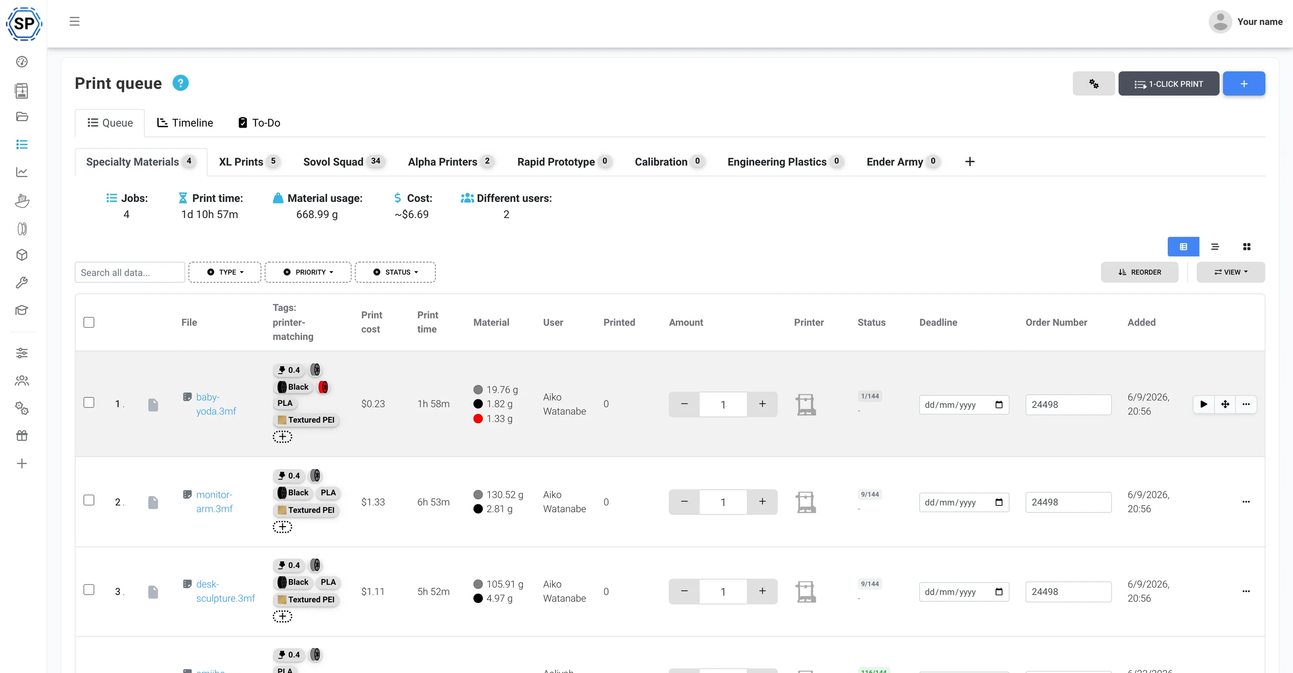 SimplyPrint 3D print queue routing jobs across a whole print farm