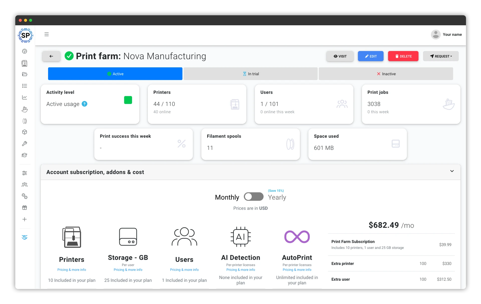 A managed customer account in the partner portal: activity, printers online, and the account's subscription and monthly cost