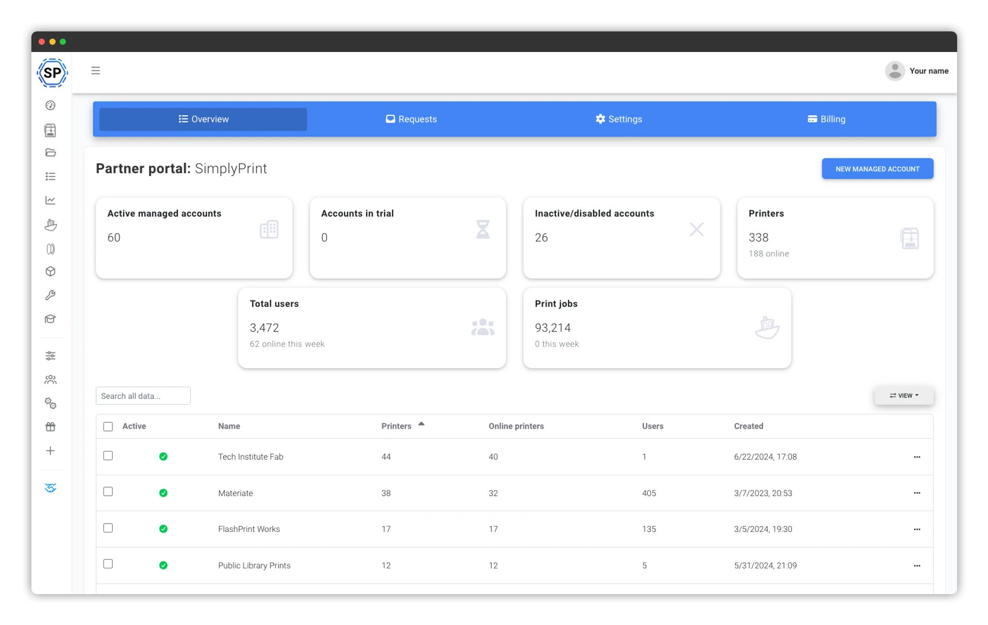The SimplyPrint partner portal: managed customer accounts with printers, users and activity in one table