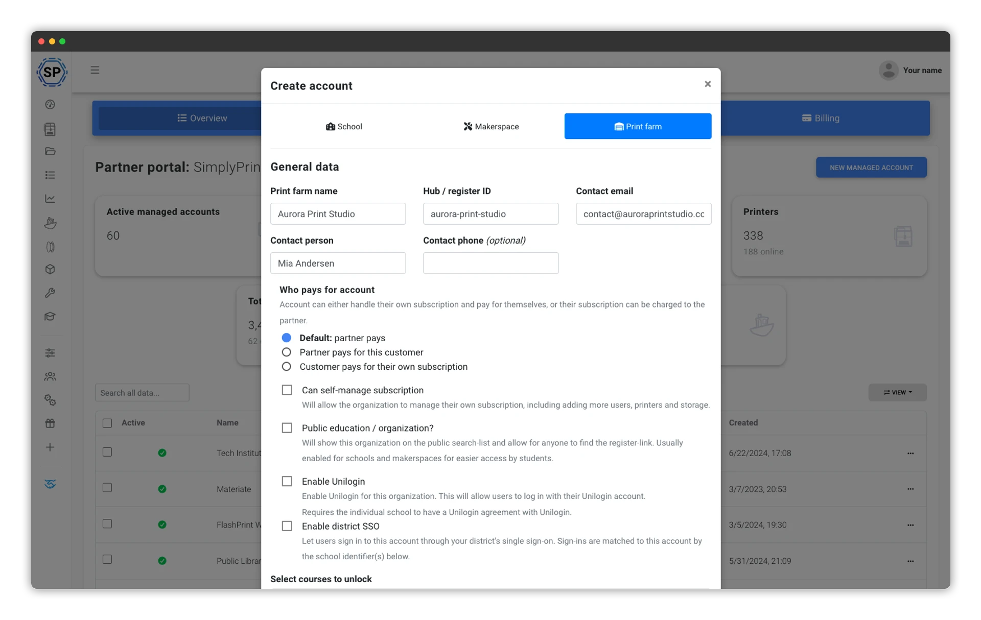 The Create account modal in the SimplyPrint partner portal: account type, contact details and who pays, filled out in seconds