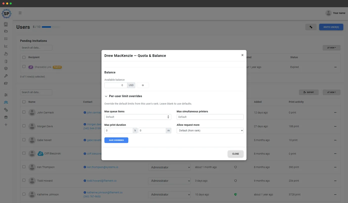 Per-student print quotas and balances in SimplyPrint