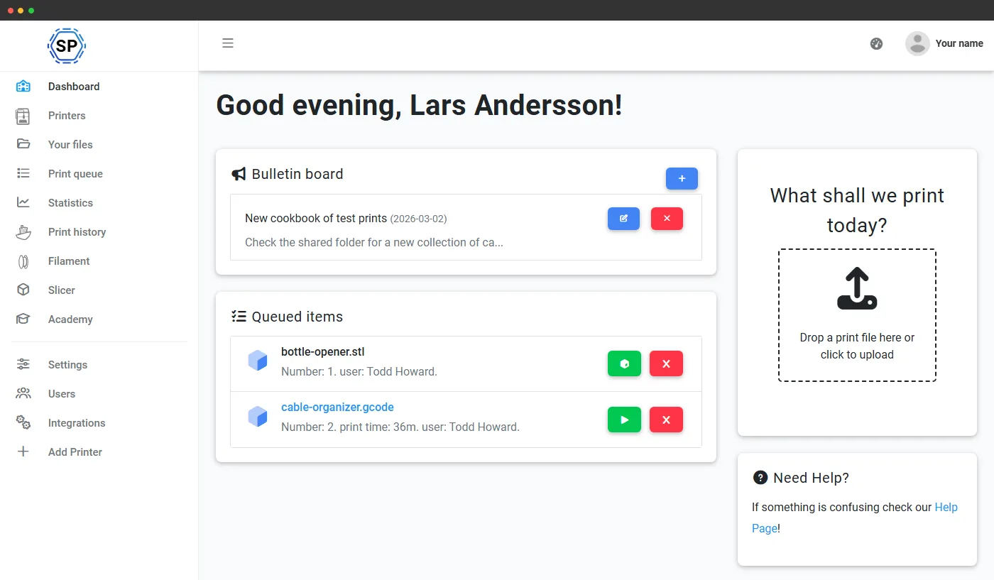 Teacher dashboard with classes, students and pending print approvals in SimplyPrint