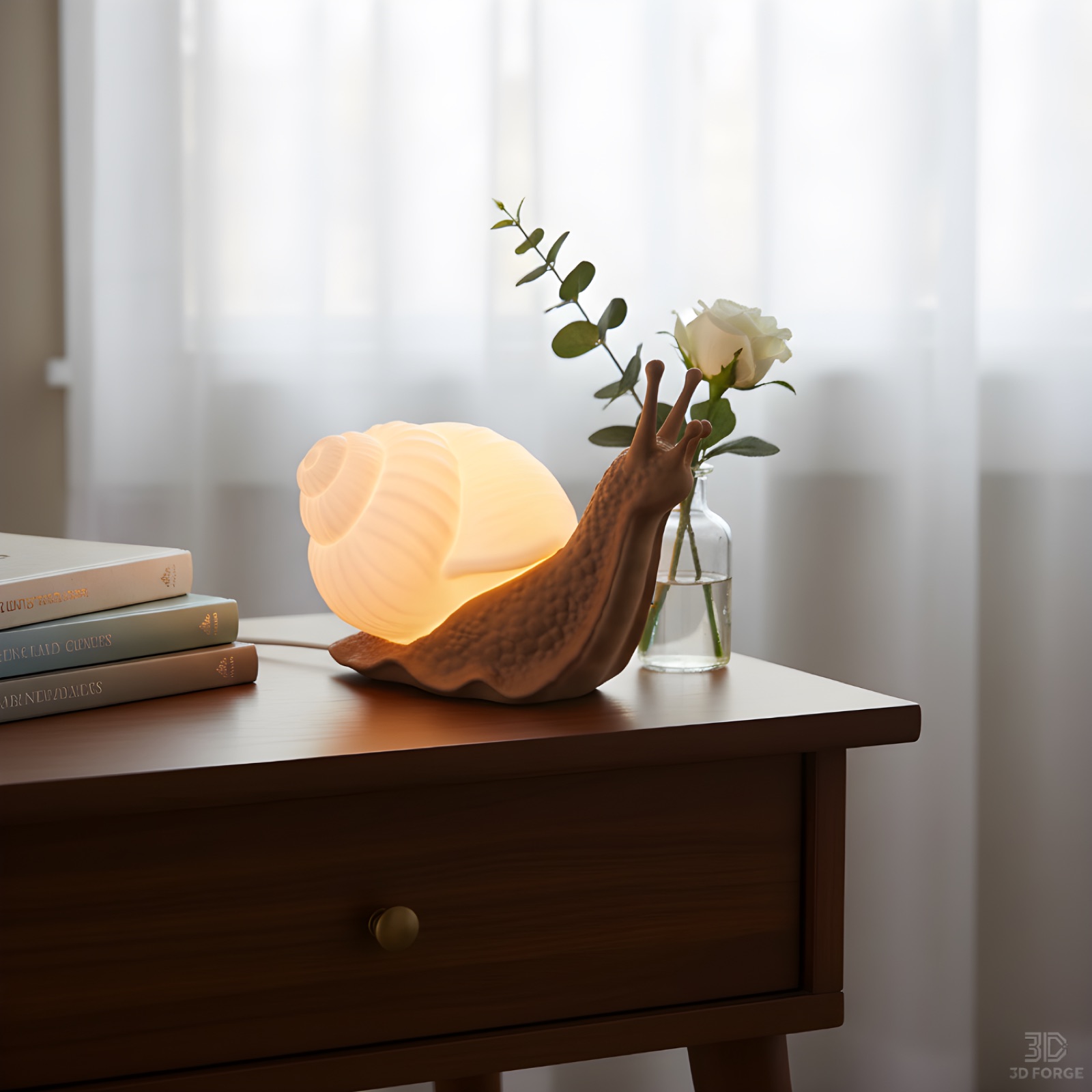A snail-shaped shell lamp with a glowing shell and an integrated bud vase holding a single rose, on a side table