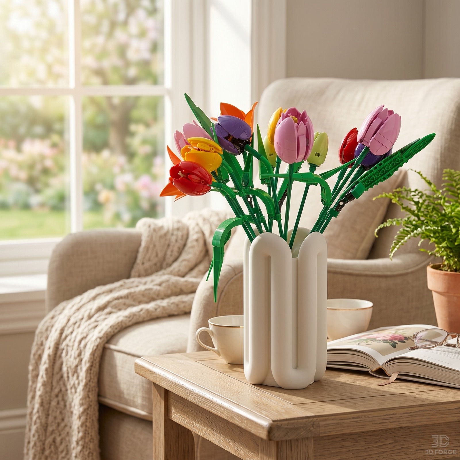 A white wave-form 3D-printed vase holding colourful tulips, styled on a table in a cosy reading nook