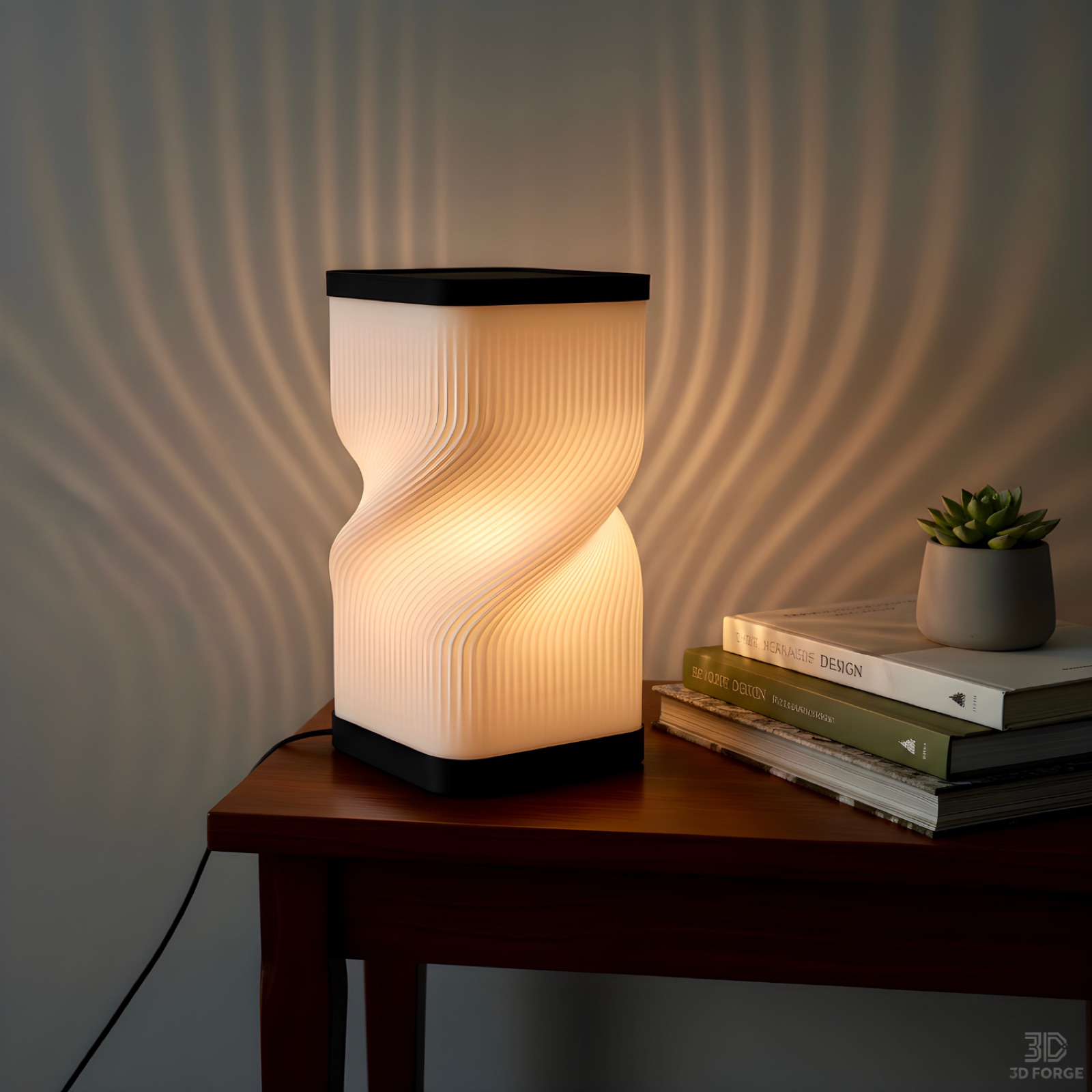 A twisted white 3D-printed table lamp lit on a side table beside design books and a succulent