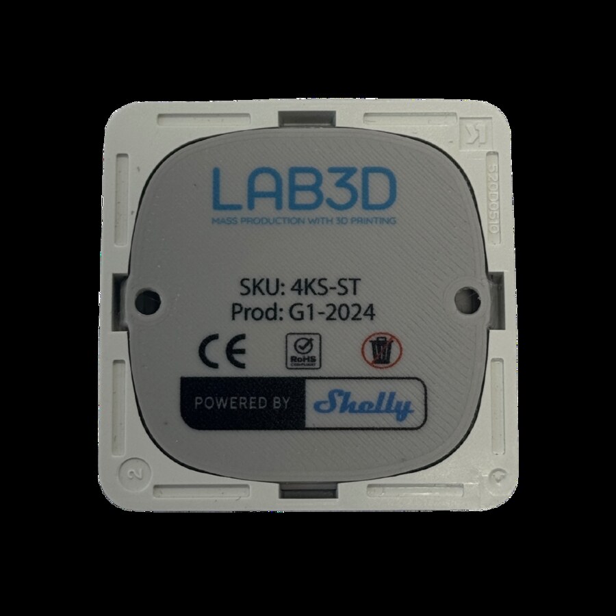 The back of the LAB3D smart-home switch showing the LAB3D branding, SKU and a 'Powered by Shelly' Zigbee module