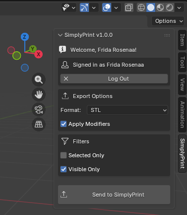 The SimplyPrint tab in Blender's N-panel sidebar, showing login status, export format dropdown, apply-modifiers checkbox, object filters, and a Send to SimplyPrint button