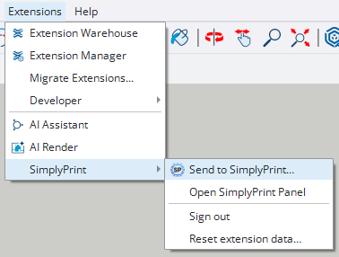 SketchUp's Extensions menu open with the SimplyPrint submenu expanded, showing Send to SimplyPrint, Open SimplyPrint Panel, Sign out, and Reset extension data